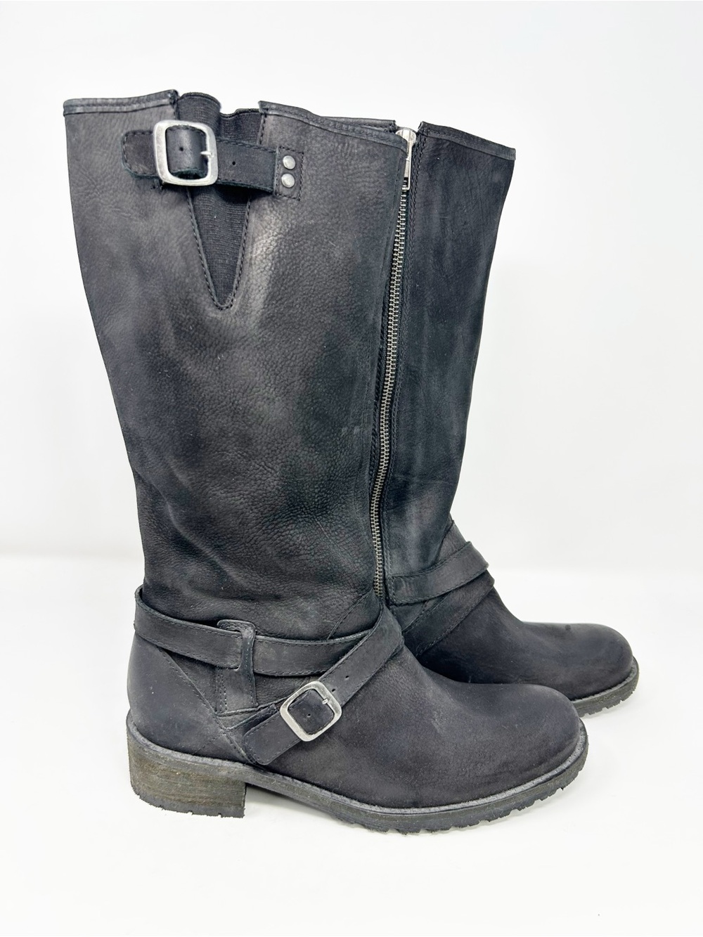 L.L. Bean Womens Black Knee High Riding Boots Side Zip Buckle Straps Low Size 8